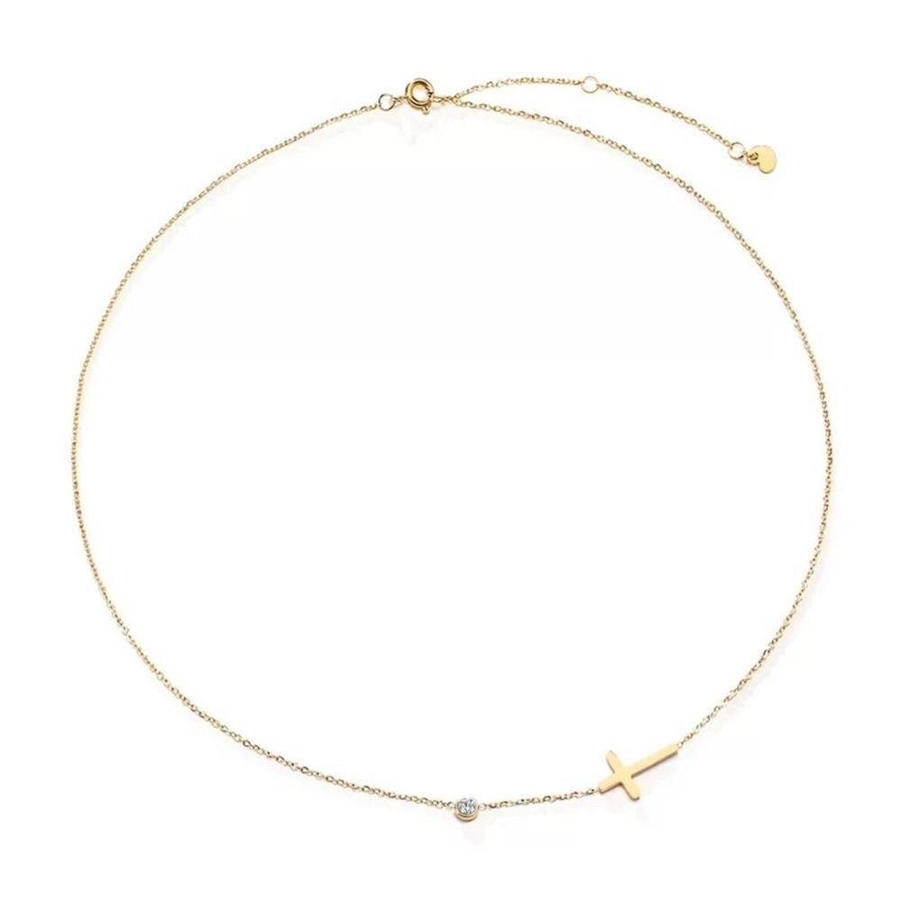 Gold Sideways Cross Necklace Cubic Zirconia Charm - Picture 5 of 8